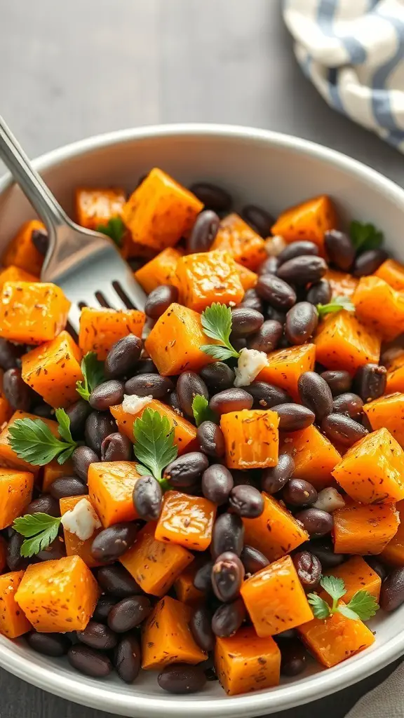 A bowl of roasted sweet potato and black bean salad with parsley