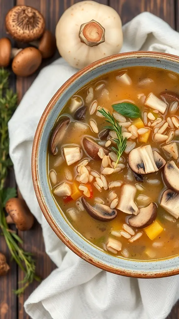 A bowl of Wild Rice and Mushroom Soup with mushrooms and herbs on the side.