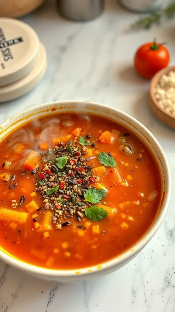 A bowl of spicy tomato and lentil soup garnished with herbs and spices.