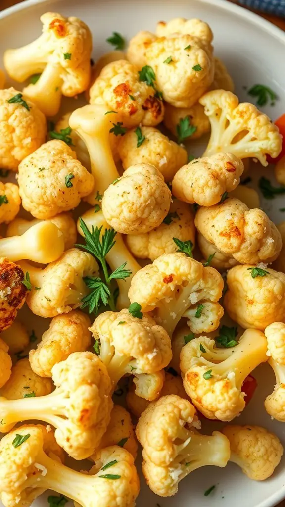 A plate of roasted garlic and parmesan cauliflower florets garnished with parsley.