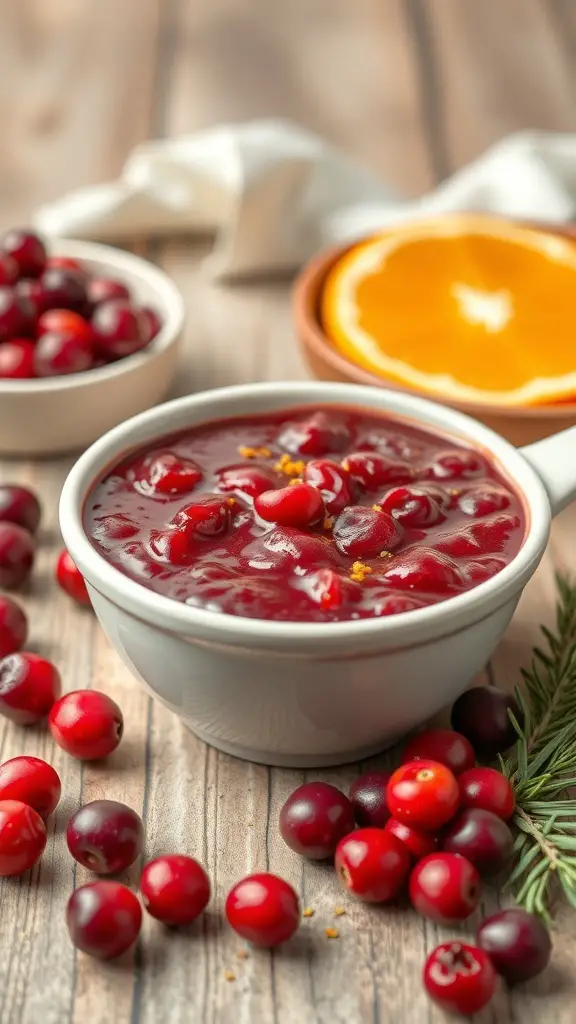 A bowl of cranberry sauce with orange zest surrounded by fresh cranberries and an orange slice.