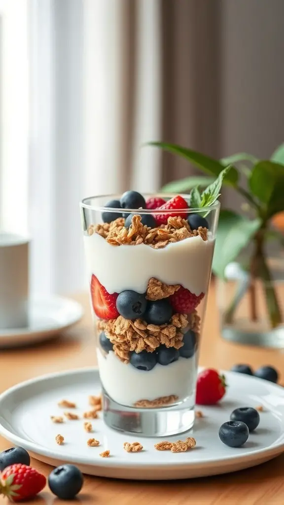 A Greek yogurt parfait with layers of yogurt, granola, and fresh berries in a glass.
