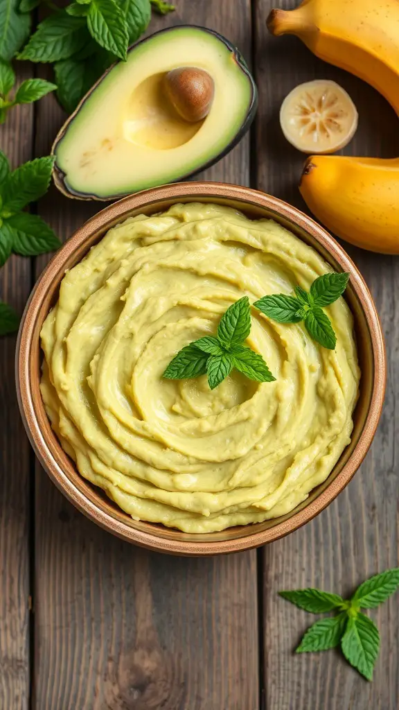 A bowl of creamy avocado and banana mash with fresh mint leaves, surrounded by an avocado, bananas, and lemon.