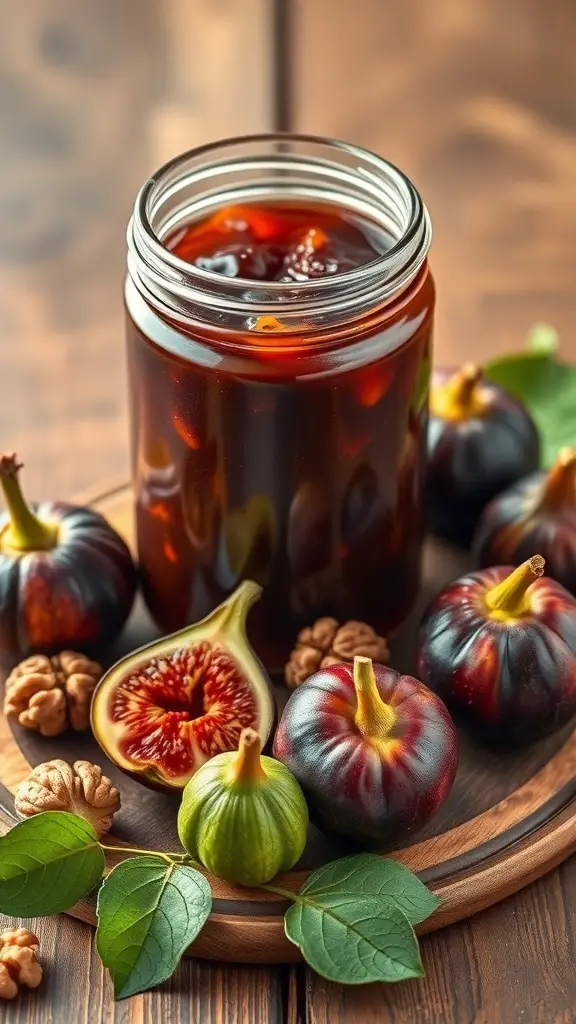 A jar of fig and walnut jam surrounded by fresh figs and walnuts on a wooden surface.