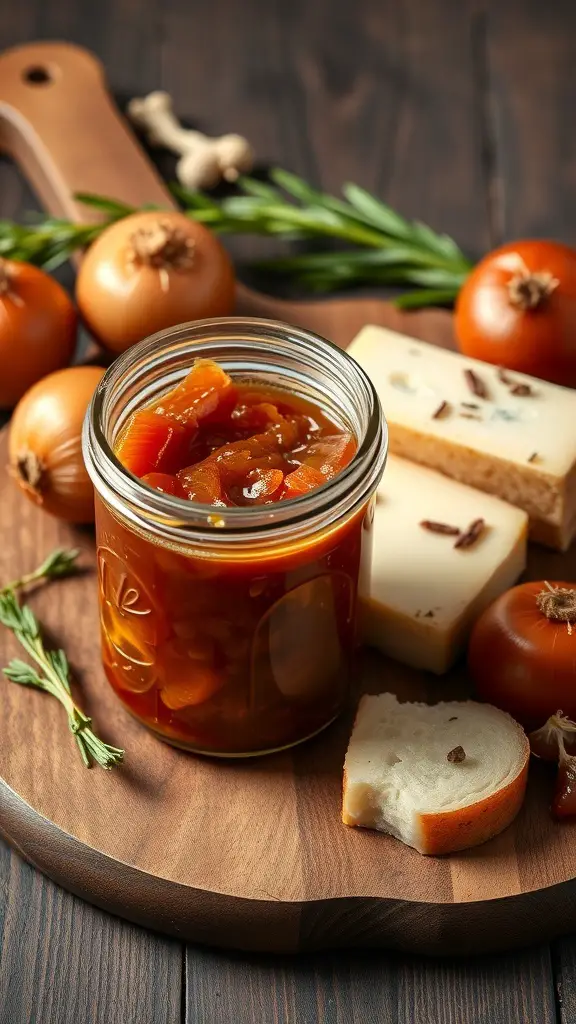 A jar of caramelized onion jam with fresh onions, cheese, and bread on a wooden board.