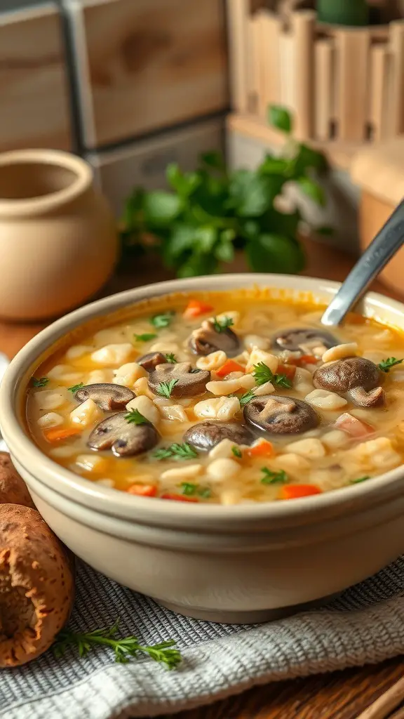 A bowl of mushroom barley soup with mushrooms and vegetables, served with bread.