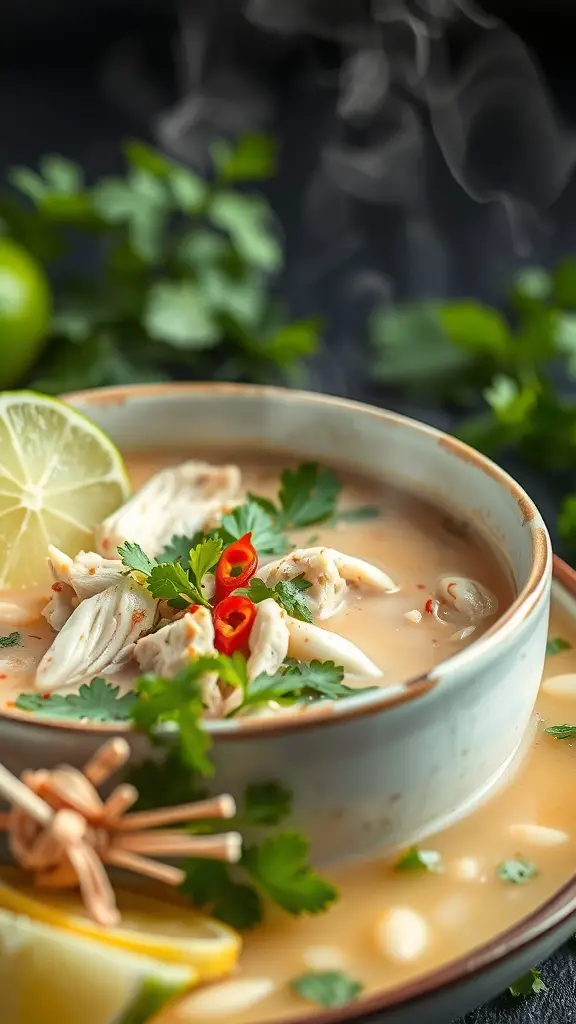 A bowl of Thai Coconut Chicken Soup with cilantro, lime, and red chilies garnished on top.