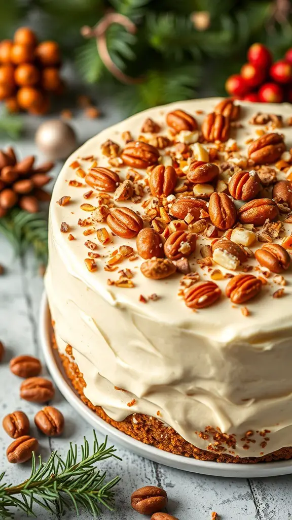 A beautifully decorated carrot cake with cream cheese frosting and holiday nuts on top, surrounded by festive decorations.