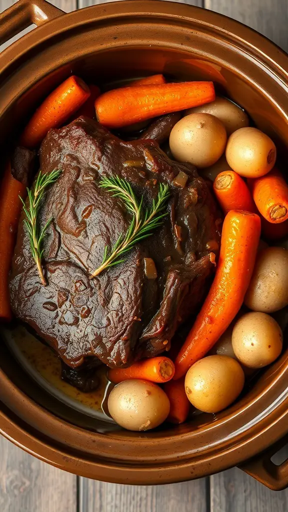 A classic beef pot roast with carrots and potatoes in a crock pot