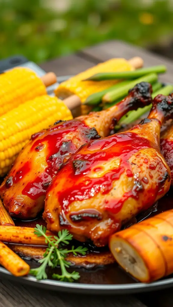Smoky barbecue turkey thighs with corn and green onions on a plate.