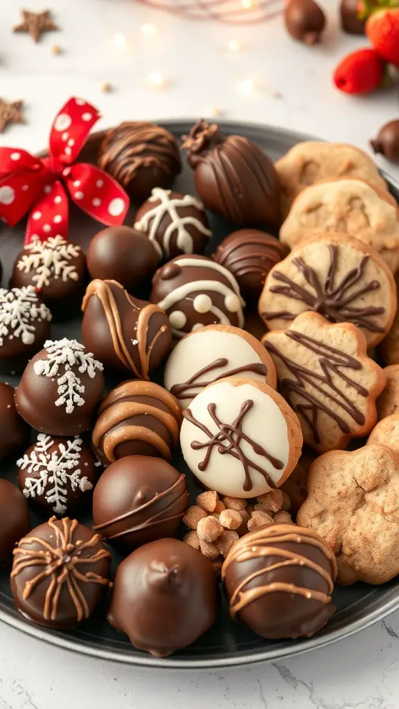 A festive platter filled with assorted chocolate treats, including truffles, cookies, and decorative elements.