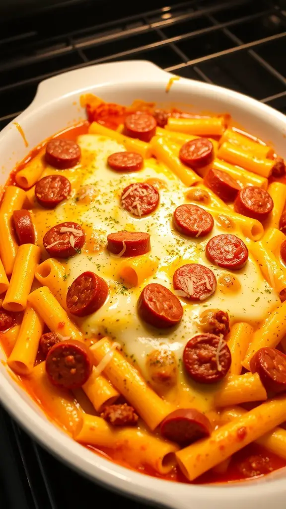 Baked rigatoni with cheese and sausage, topped with slices of sausage and melted cheese.