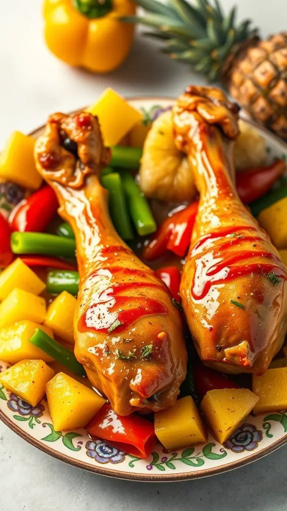 Sweet and sour turkey legs with colorful vegetables on a plate