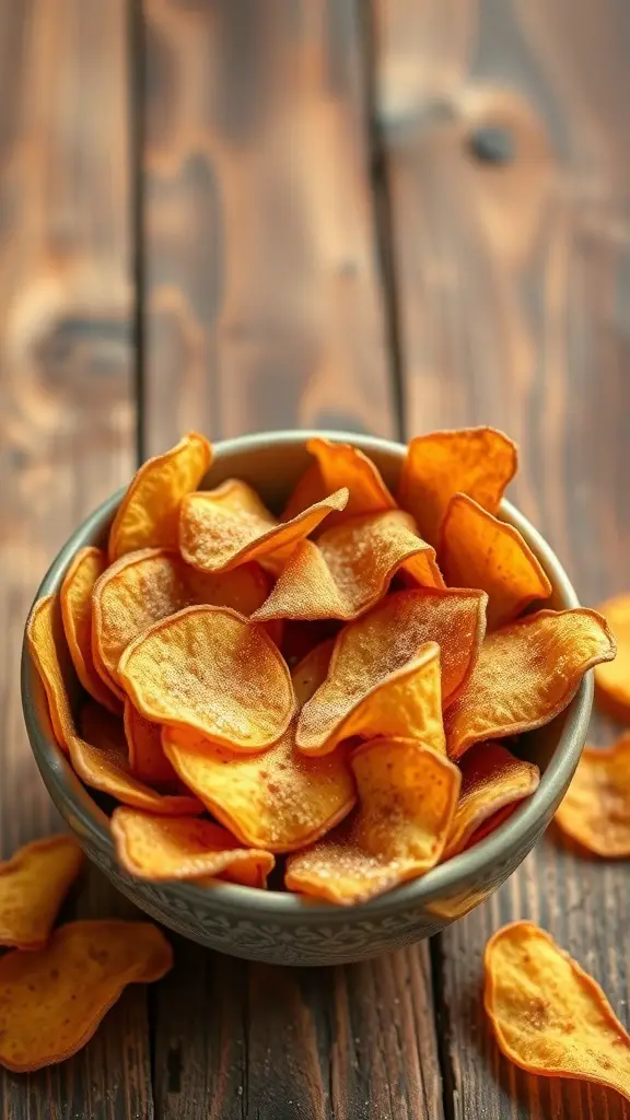 Bowl of sweet potato chips on a wooden table