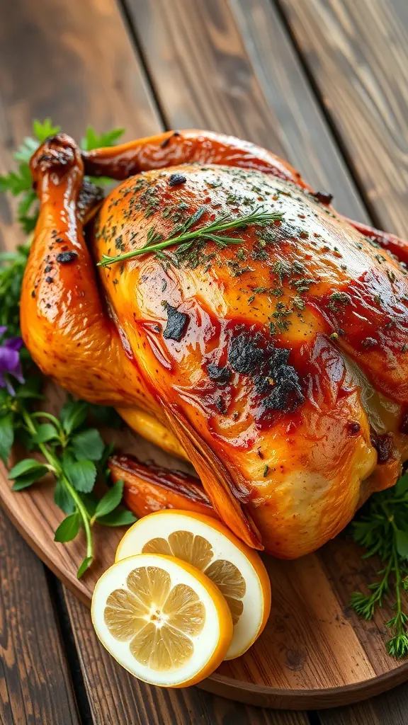 A beautifully roasted turkey garnished with herbs and lemon slices on a wooden platter.