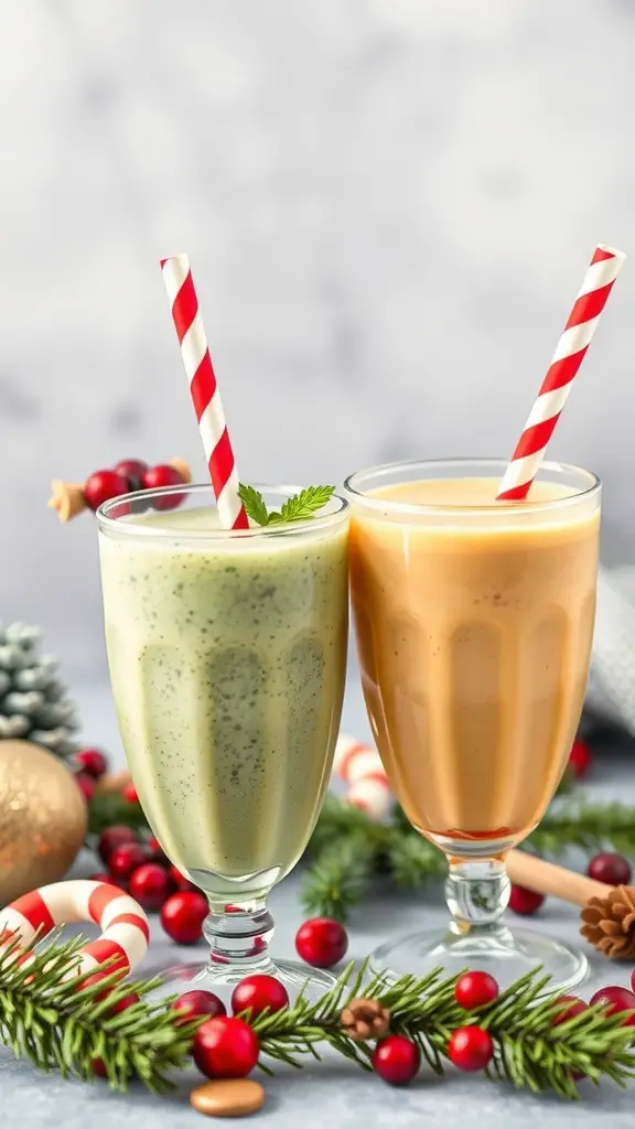 Two colorful smoothies in festive glasses, surrounded by holiday decorations.