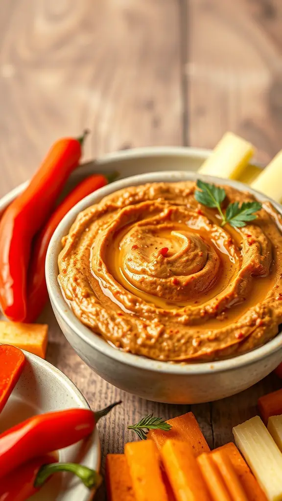 A bowl of roasted red pepper hummus surrounded by fresh vegetables.