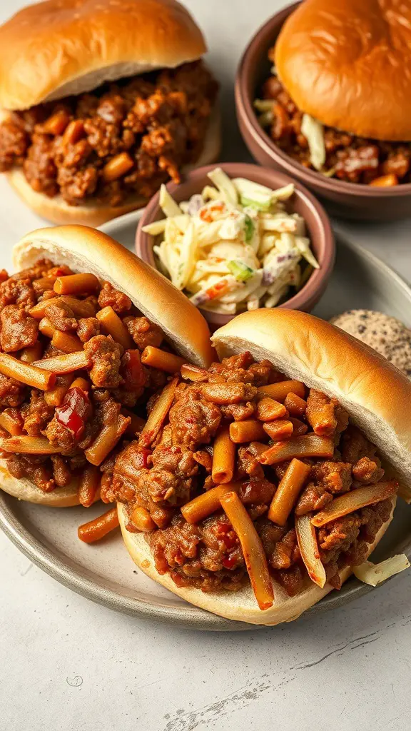 A plate of Sloppy Joes with coleslaw on the side, featuring soft buns filled with a savory meat mixture.
