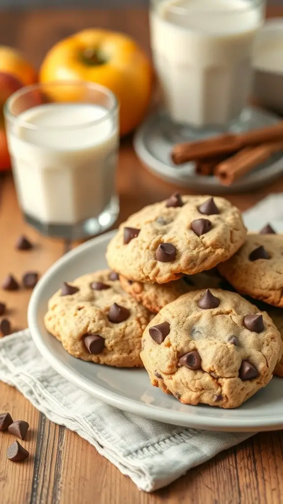 Plate of apple chocolate chip cookies with apples and milk in the background