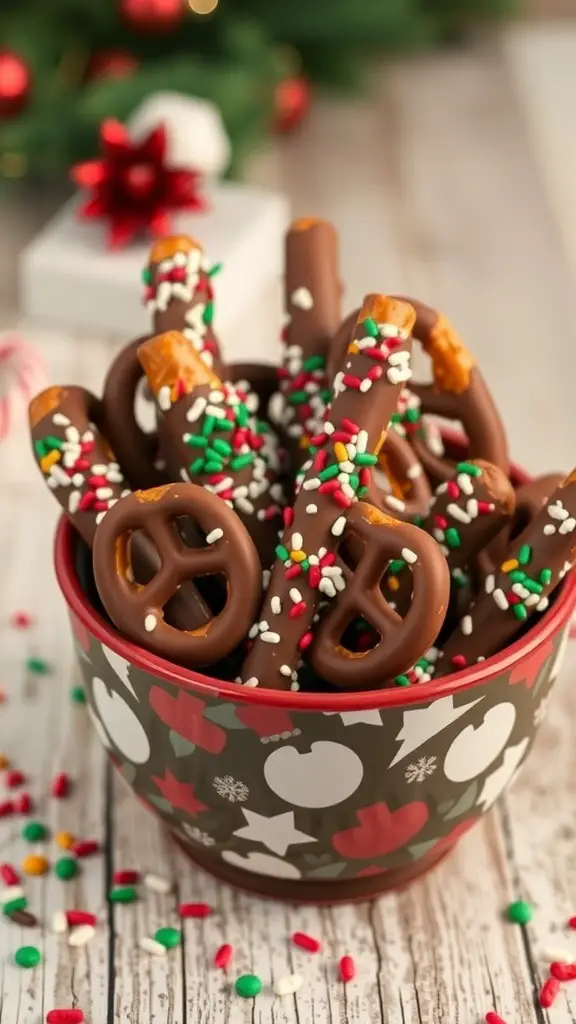A bowl of chocolate-covered pretzels with colorful sprinkles, set against a festive background.