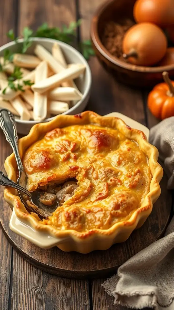 A golden-brown wild turkey pot pie with a flaky crust, served with vegetables.