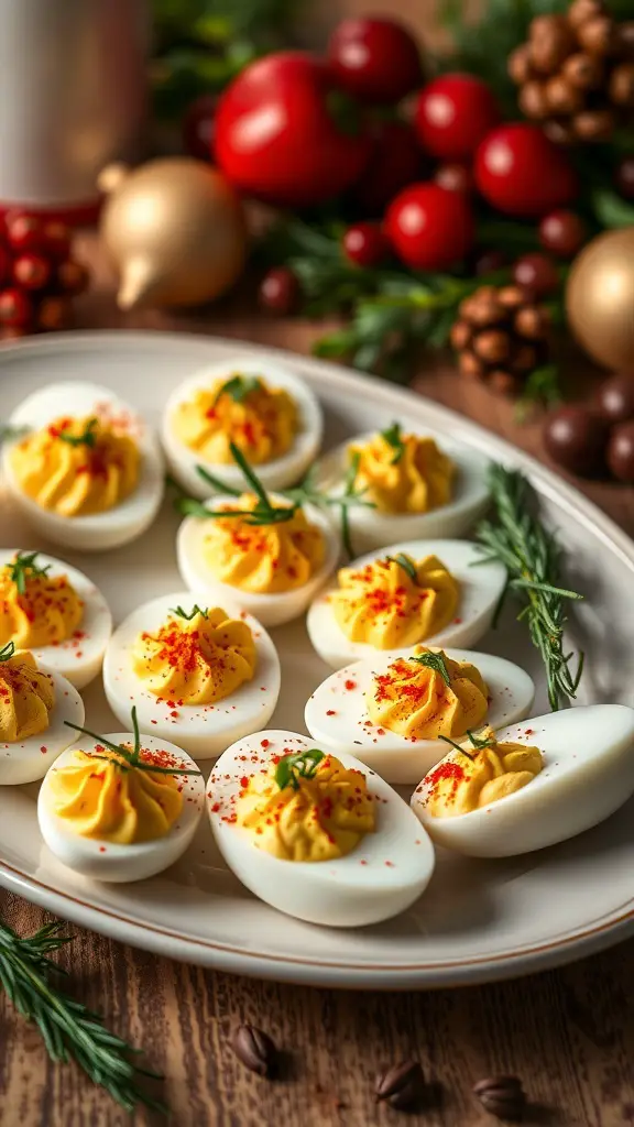 A platter of deviled eggs garnished with paprika and herbs, surrounded by holiday decorations.