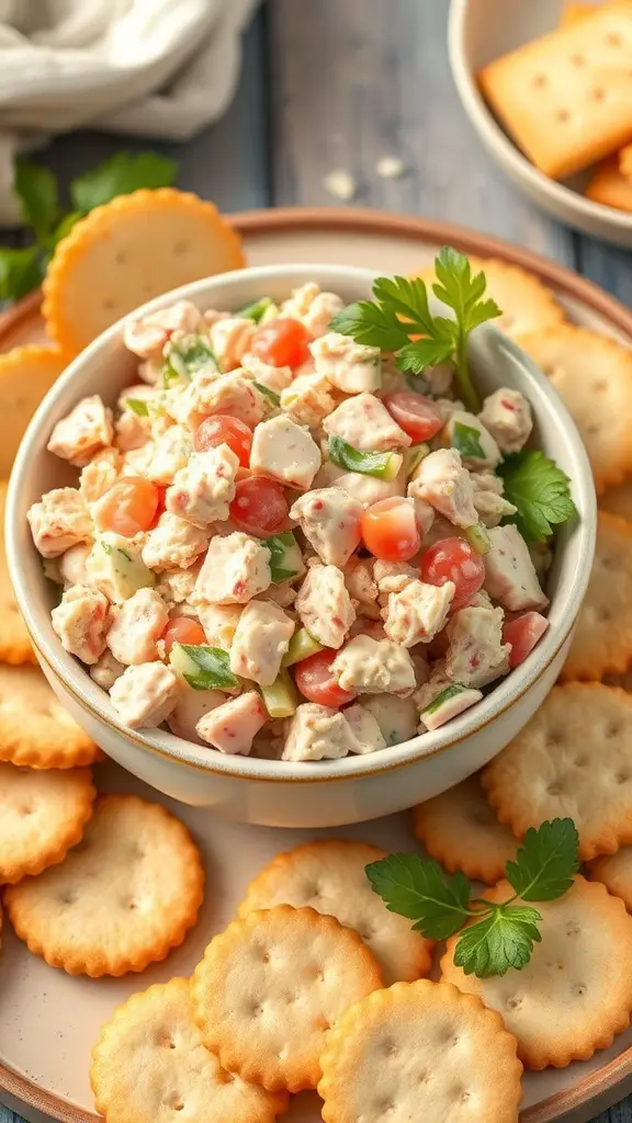 A bowl of tuna salad surrounded by Saltine crackers, garnished with parsley and tomatoes.