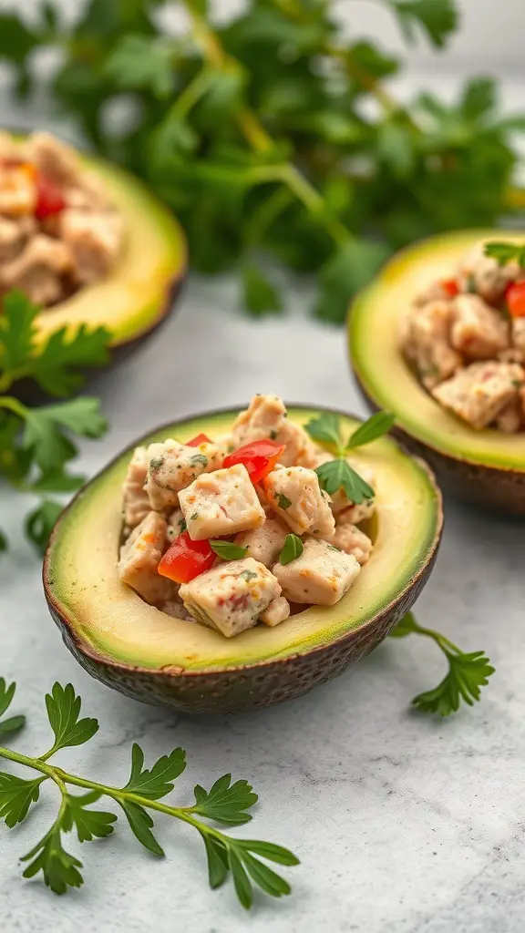 A close-up of tuna-stuffed avocado boats garnished with herbs and colorful vegetables.