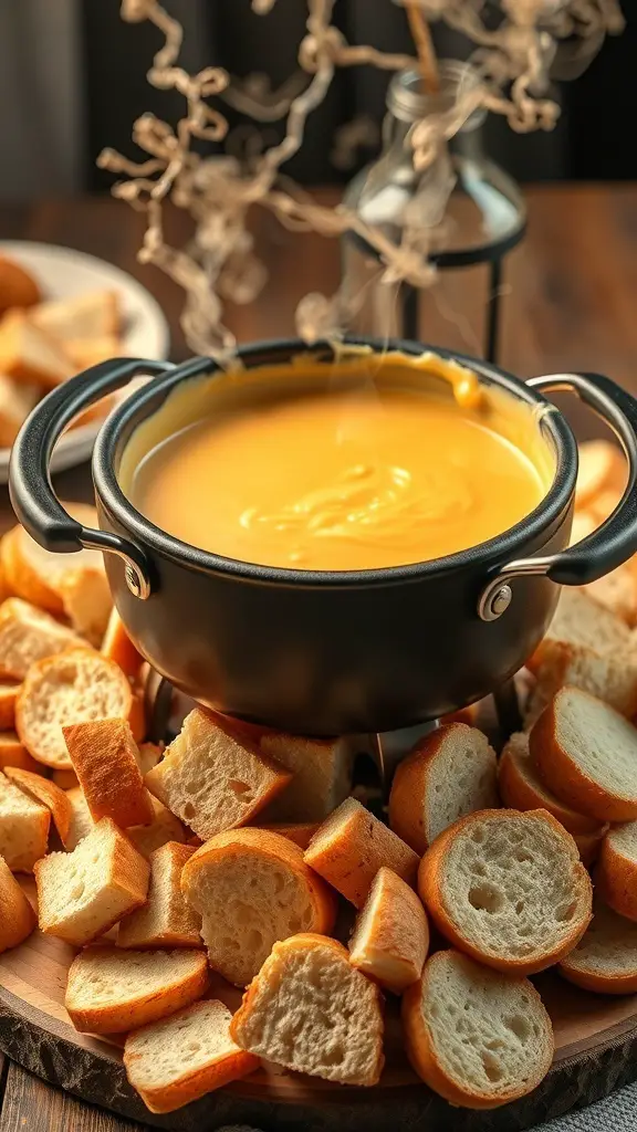 A pot of melted cheese surrounded by pieces of bread for fondue.