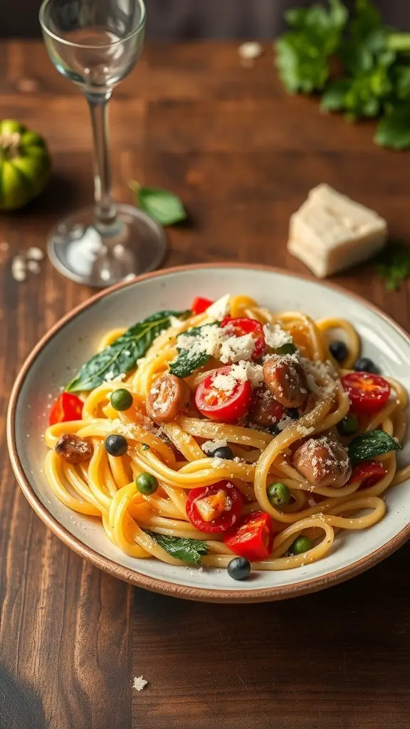 A plate of Pasta Primavera with colorful vegetables and a glass of wine