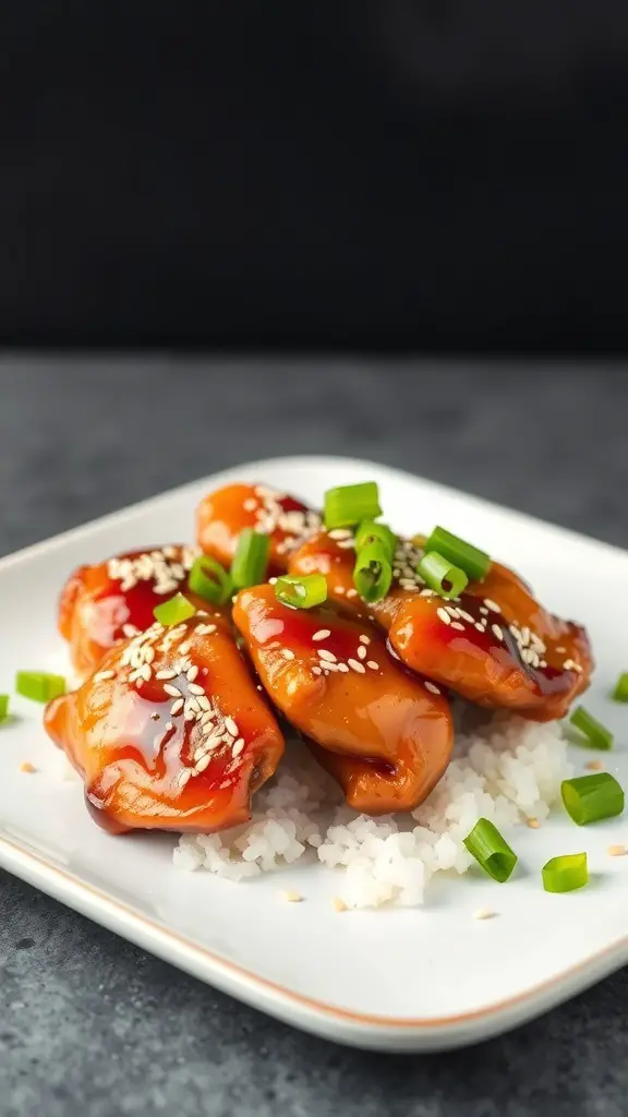 Honey garlic chicken thighs served over rice with green onions and sesame seeds