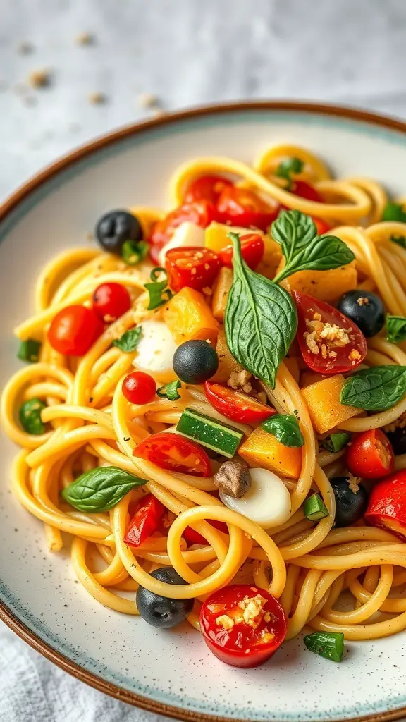 A plate of Vegetarian Fusilli Primavera with colorful vegetables and fresh basil.