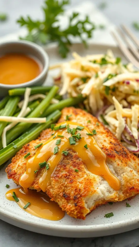A plate of honey mustard breaded tilapia served with green beans and coleslaw