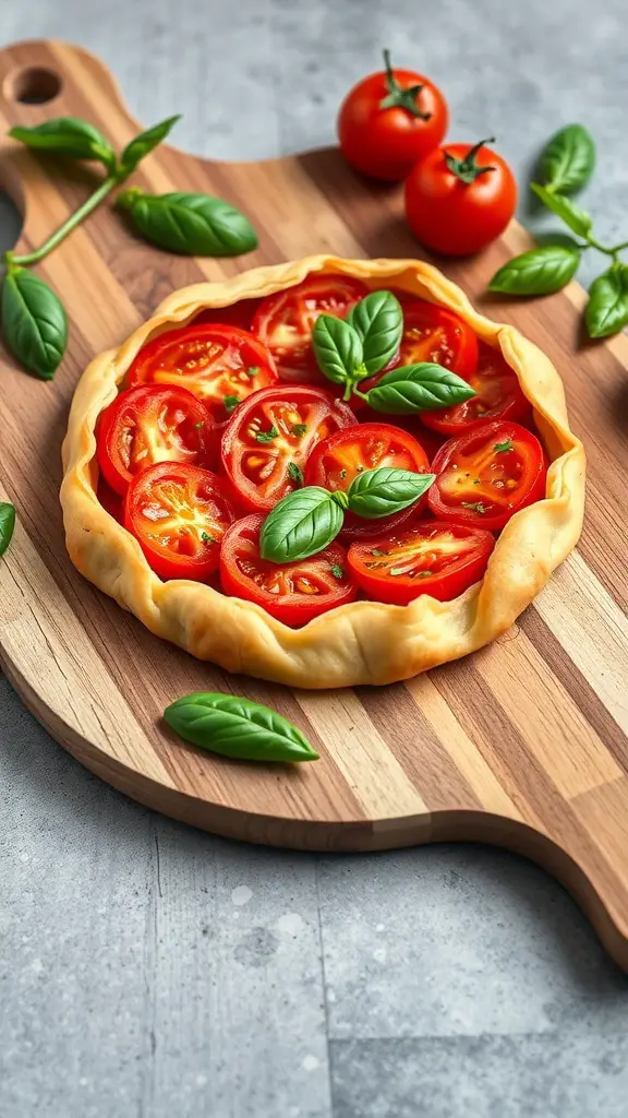 A delicious Puff Pastry Tomato and Basil Tart on a wooden cutting board, garnished with fresh basil and cherry tomatoes.