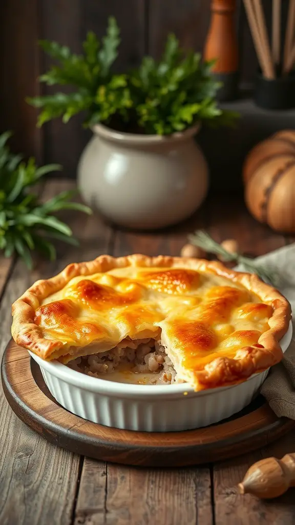A freshly baked turkey pot pie with a flaky crust, sitting on a wooden table surrounded by kitchen items.