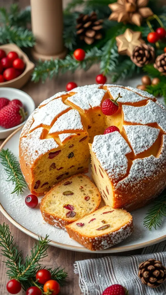 A festive panettone with powdered sugar and fruits, surrounded by holiday decorations.