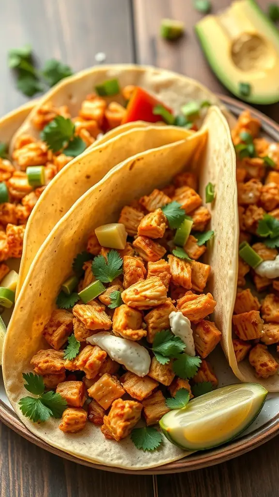 Three spicy chicken tacos filled with diced chicken, avocado, and garnished with cilantro and lime.