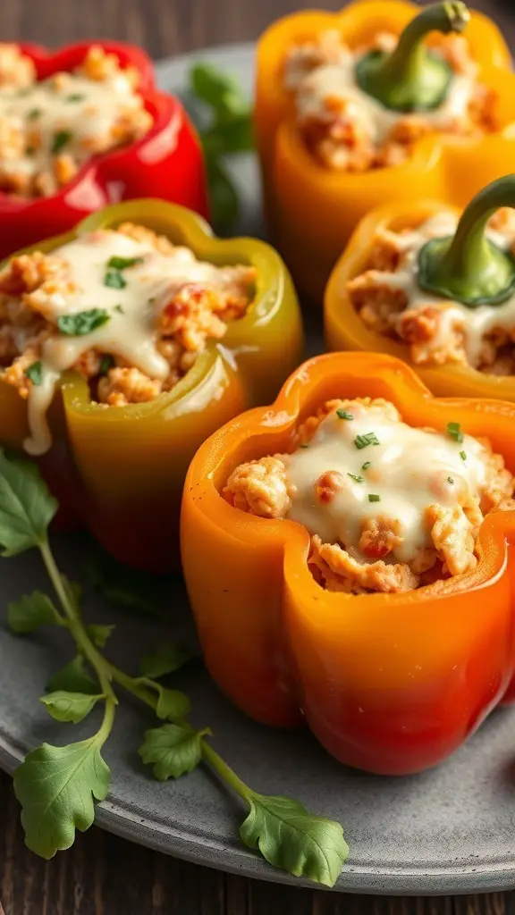 Colorful stuffed bell peppers filled with chicken and cheese
