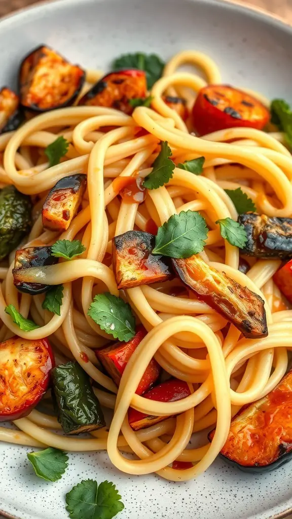 A plate of fettuccine noodles topped with roasted vegetables and fresh herbs.