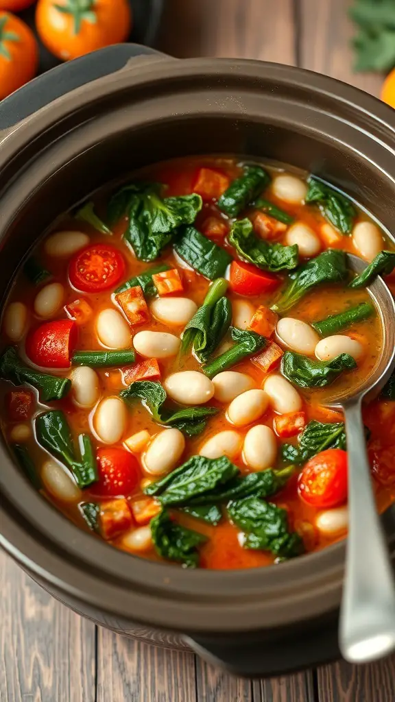 A bowl of Tuscan White Bean and Kale Soup with vibrant vegetables.