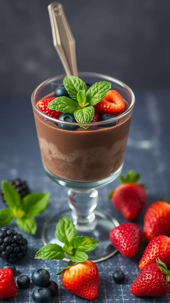 A glass of vegan chocolate chia pudding topped with strawberries, blueberries, and mint leaves, surrounded by fresh berries.