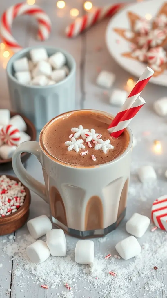A cozy hot chocolate bar setup with a mug of hot chocolate, marshmallows, and festive decorations.