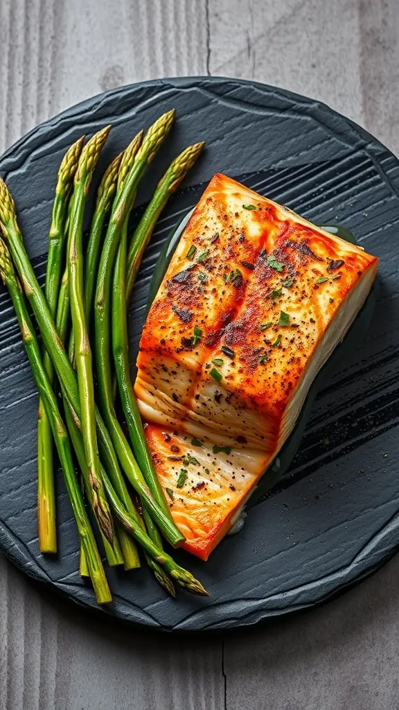 Crispy skin baked salmon with asparagus on a black plate