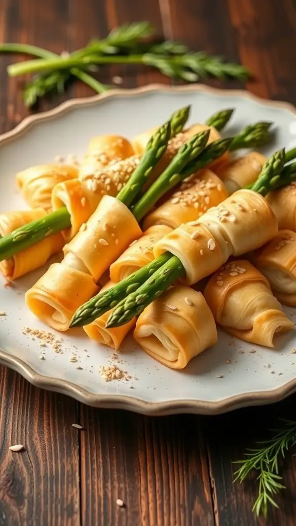 A plate of puff pastry asparagus bundles garnished with sesame seeds.