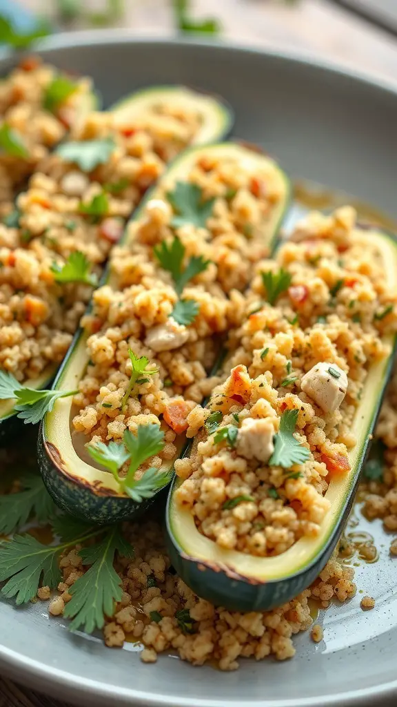 Turkey and quinoa stuffed zucchini on a plate, garnished with fresh herbs.
