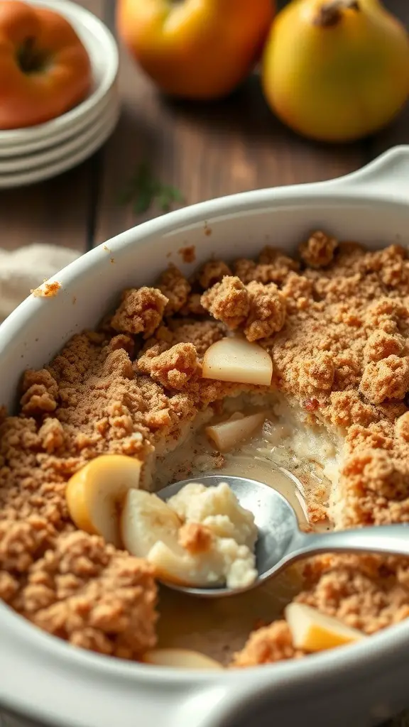 A delicious cinnamon pear crisp with a golden topping and sliced pears visible.