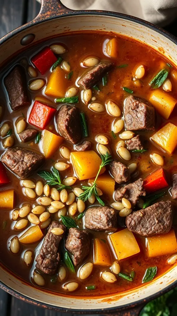 A pot of beef and barley stew with colorful vegetables and tender meat.