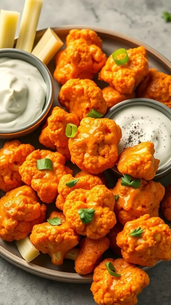 A plate of spicy buffalo cauliflower bites with dips and celery sticks