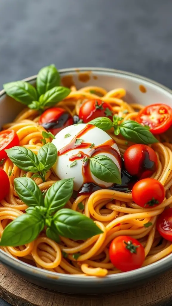 A bowl of Tomato and Mozzarella Caprese Pasta with cherry tomatoes, mozzarella balls, and fresh basil.