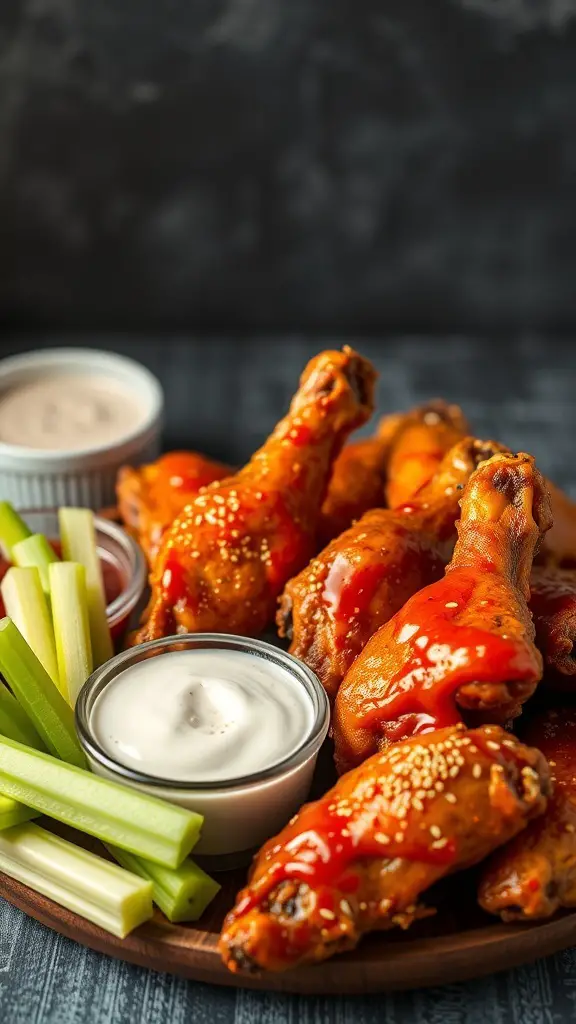 A platter of crispy wild turkey wings with dipping sauces and celery sticks.